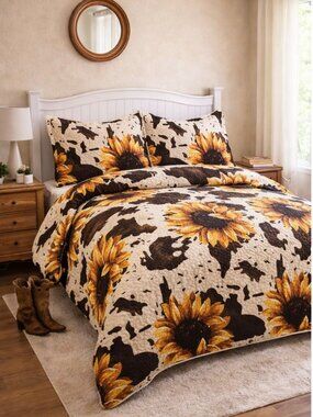 Brown Cow Print & Sunflowers Western Bedding Set Luxury Velvet Oversized 3Pc Set